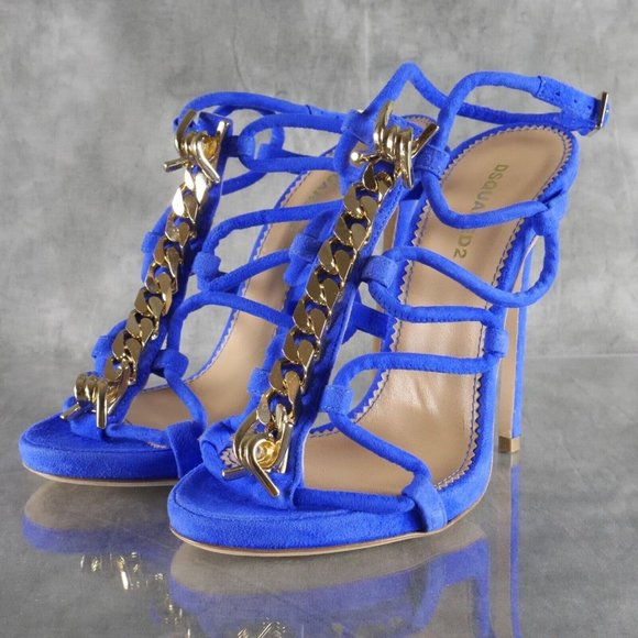 NIB Dsquared2 BABE WIRE Gold-Tone Chain Blue STILETTO HEELS Sz 6* US 36 EU ANB - Picture 2 of 13